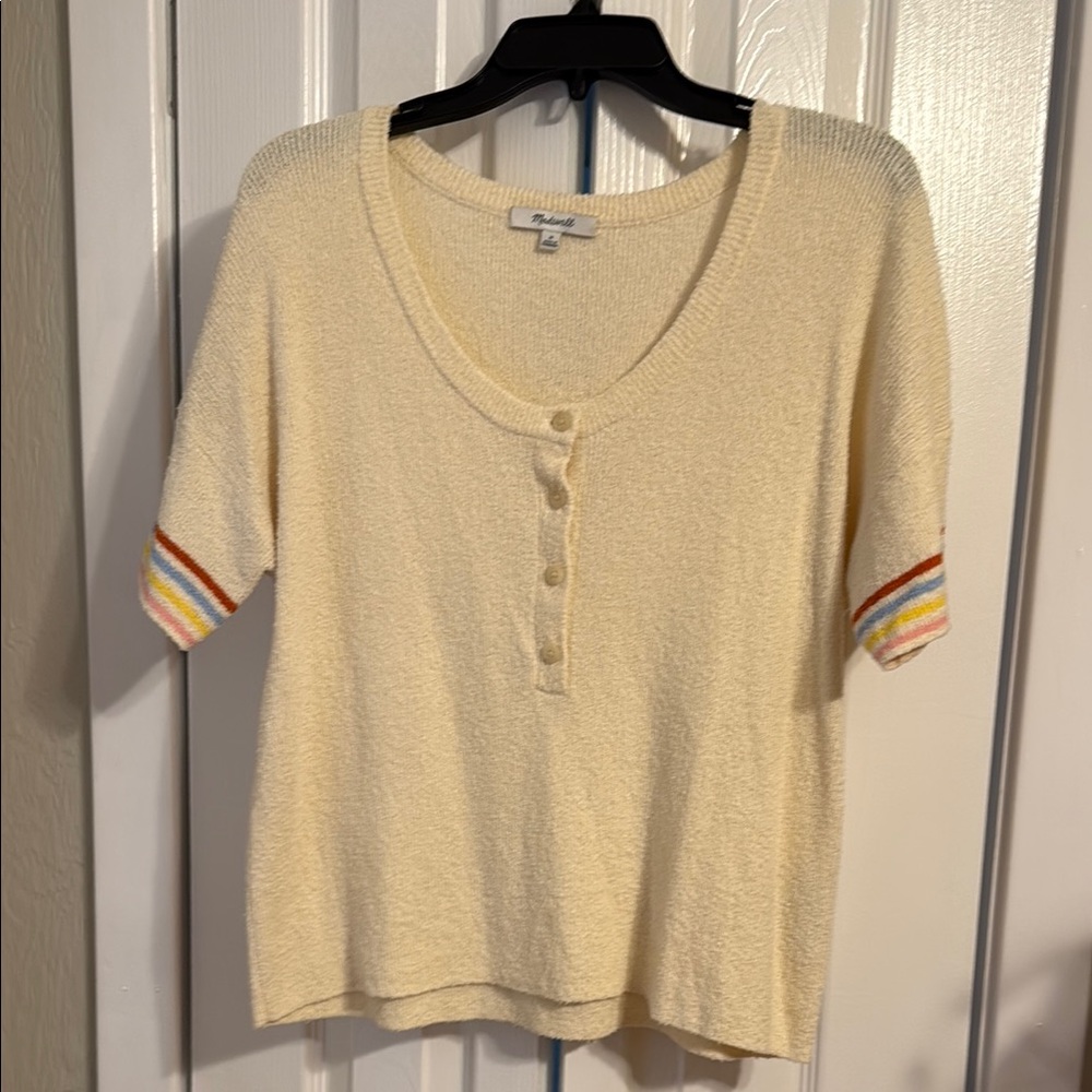 Cream Knit Top with Rainbow Sleeve Accents